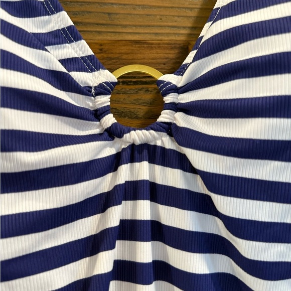 Jones New York Navy and White Striped One Piece Swimsuit with Gold Detail NEW - Picture 2 of 7